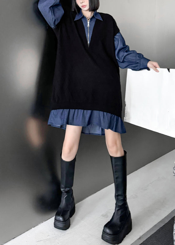 Französische schwarze Kleider mit Peter-Pan-Kragen, Reißverschluss und Denim-Patchwork-Design, mittellang, Frühling