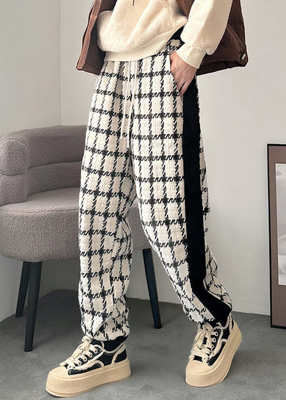 French Black Plaid Pockets Patchwork Cotton Men Pants Spring