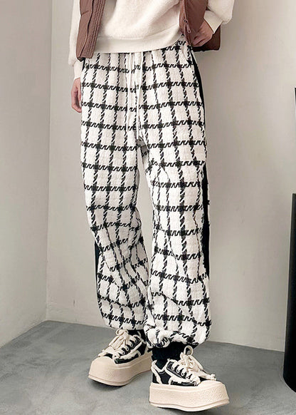 French Black Plaid Pockets Patchwork Cotton Men Pants Spring