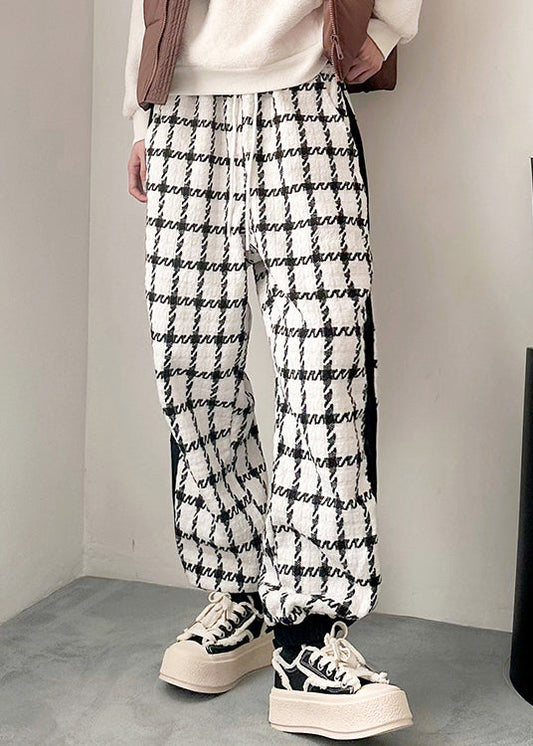 French Black Plaid Pockets Patchwork Cotton Men Pants Spring