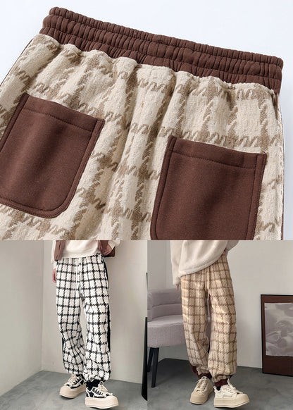 French Black Plaid Pockets Patchwork Cotton Men Pants Spring