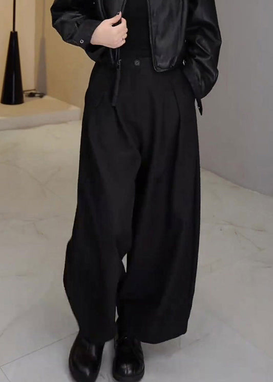 Pantalones anchos de algodón liso con cintura alta y bolsillos negros franceses para primavera