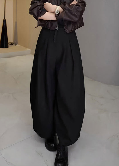 Pantalones anchos de algodón liso con cintura alta y bolsillos negros franceses para primavera