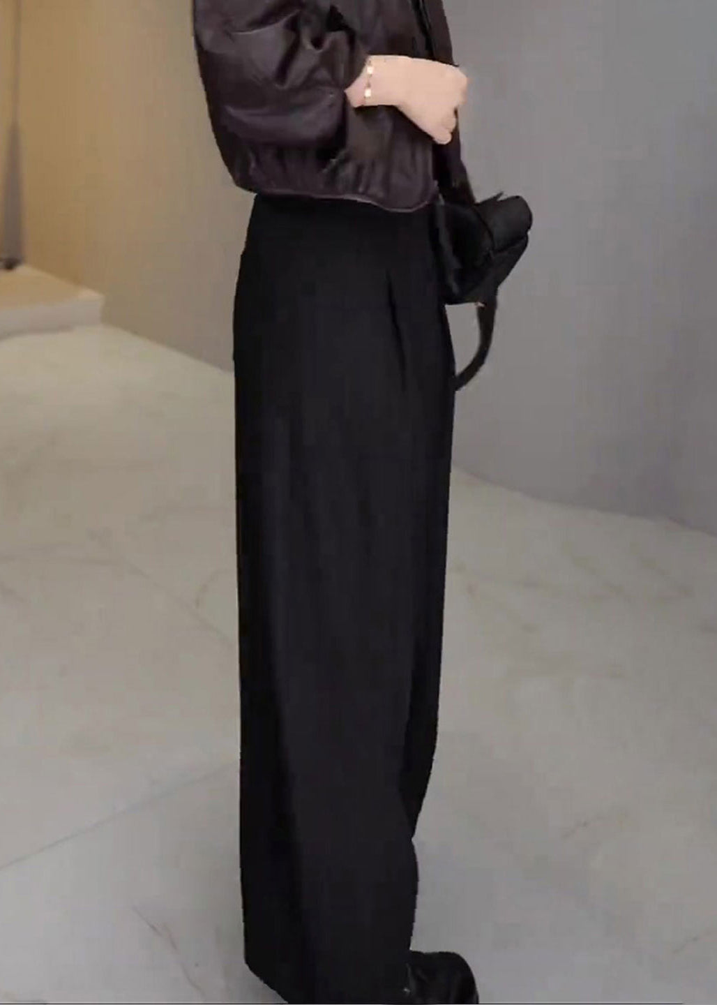 Pantalones anchos de algodón liso con cintura alta y bolsillos negros franceses para primavera