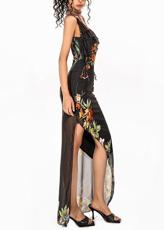 French Black Print Asymmetrical Design Long Spaghetti Strap Dress Sleeveless