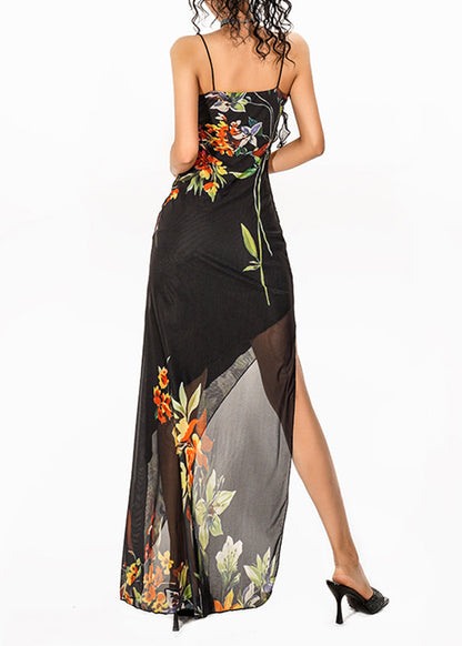 French Black Print Asymmetrical Design Long Spaghetti Strap Dress Sleeveless