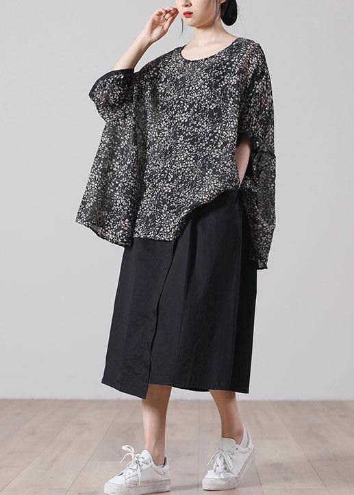 French Black Print Batwing Sleeve Cotton Shirt Top Short Sleeve Summer - SooLinen