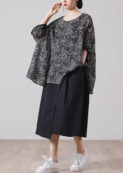French Black Print Batwing Sleeve Cotton Shirt Top Short Sleeve Summer - SooLinen