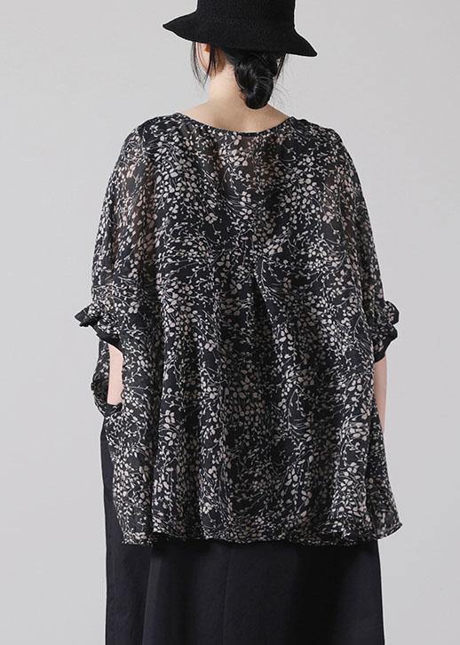 French Black Print Batwing Sleeve Cotton Shirt Top Short Sleeve Summer - SooLinen