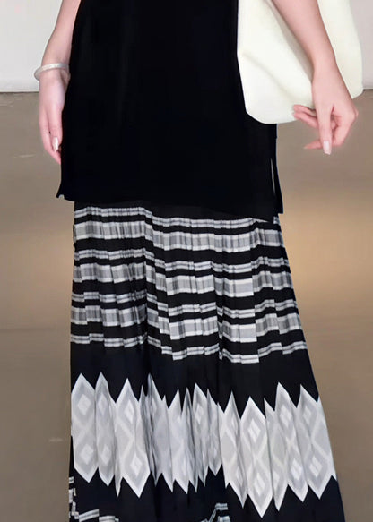 Französische schwarze Print-Röcke mit extra großem Saum und Falten für den Frühling