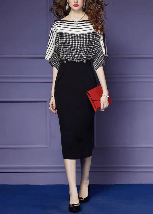 Französisch Schwarz Print Falsche Zwei Stücke Baumwolle Kleider Sommer