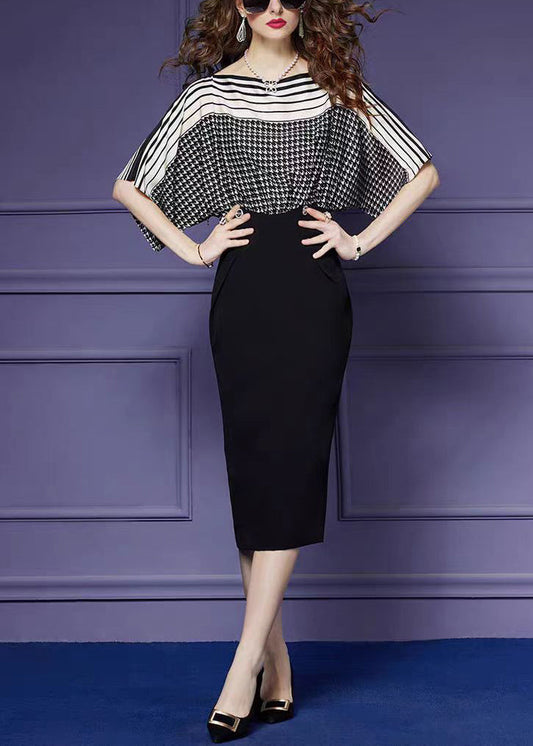 Französisch Schwarz Print Falsche Zwei Stücke Baumwolle Kleider Sommer