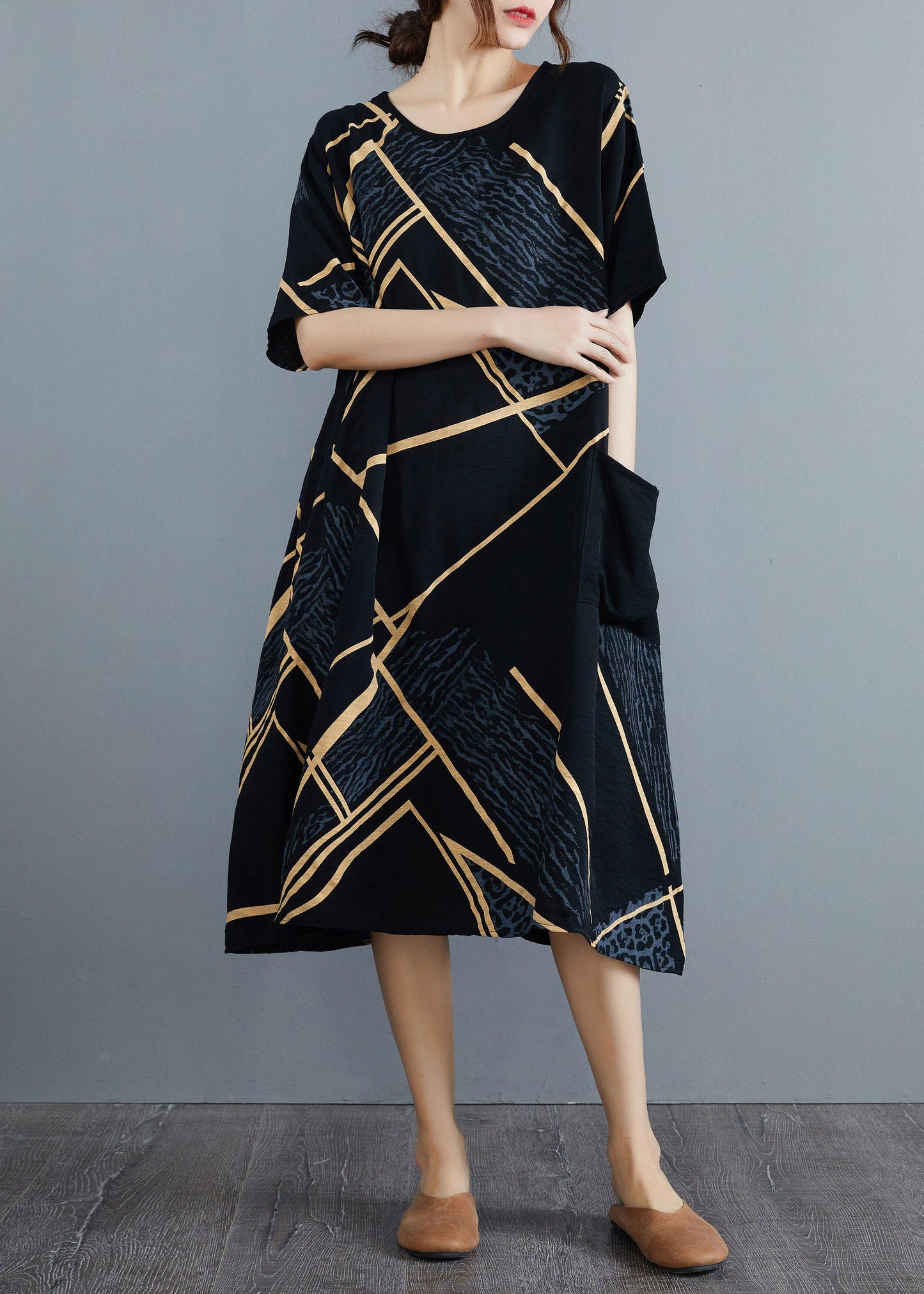 French Black Print Half Sleeve Maxi Summer Cotton Linen Dress - SooLinen