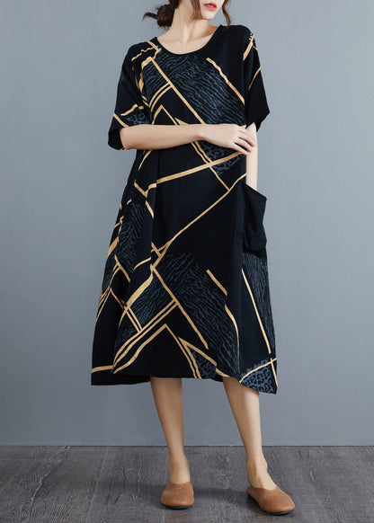 French Black Print Half Sleeve Maxi Summer Cotton Linen Dress - SooLinen