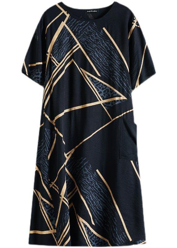 French Black Print Half Sleeve Maxi Summer Cotton Linen Dress - SooLinen