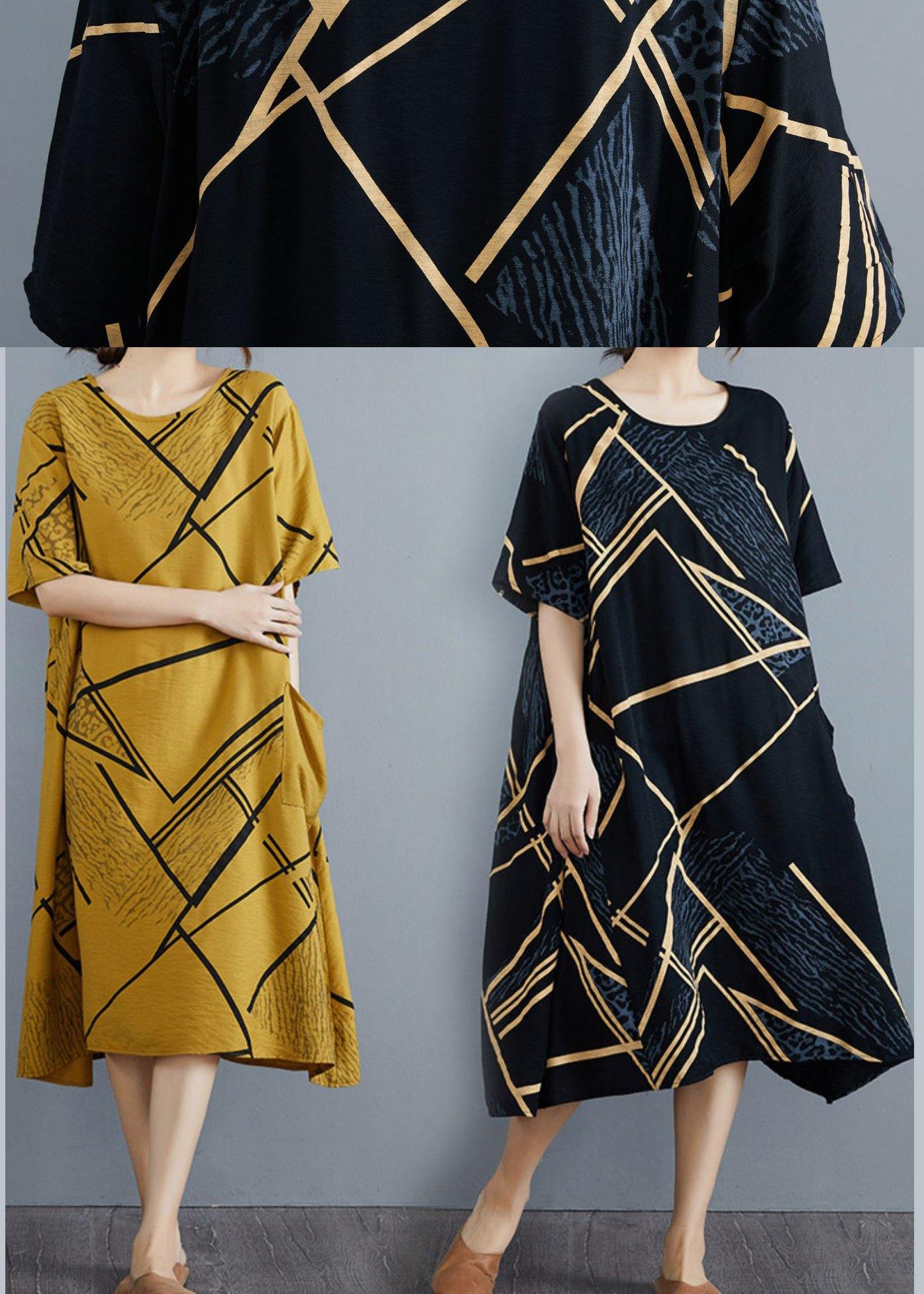 French Black Print Half Sleeve Maxi Summer Cotton Linen Dress - SooLinen