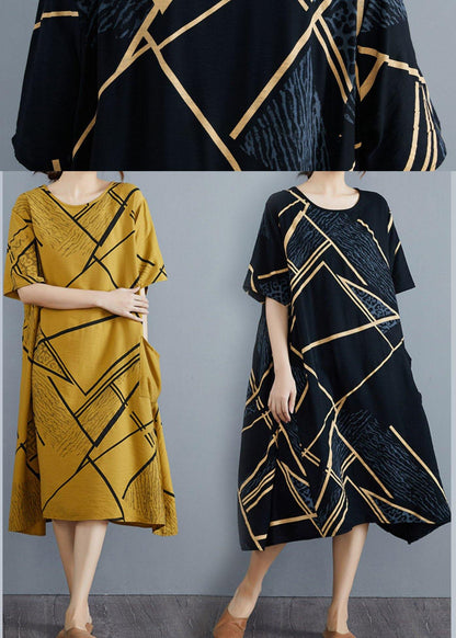 French Black Print Half Sleeve Maxi Summer Cotton Linen Dress - SooLinen