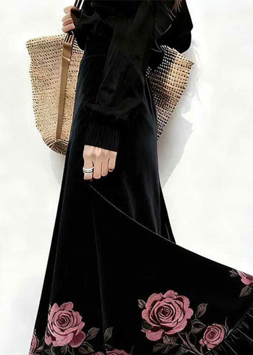 Französische schwarze bedruckte Seidensamtröcke mit hohem Bund für den Winter