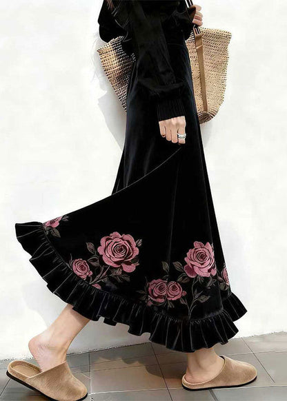 Französische schwarze bedruckte Seidensamtröcke mit hohem Bund für den Winter