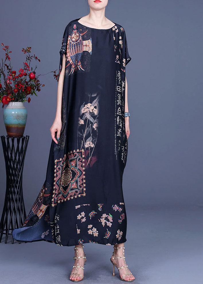 French Black Print Side open Silk Long Dress Summer - SooLinen