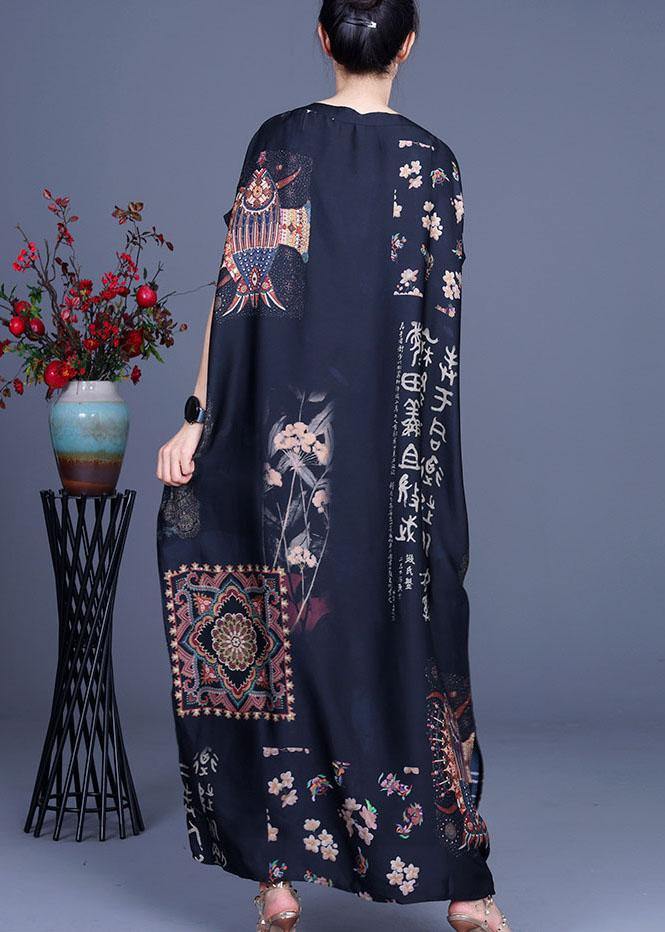 French Black Print Side open Silk Long Dress Summer - SooLinen