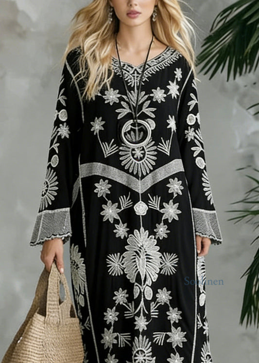 French Black Print V neck Baggy Chiffon Robes Spring Dresses