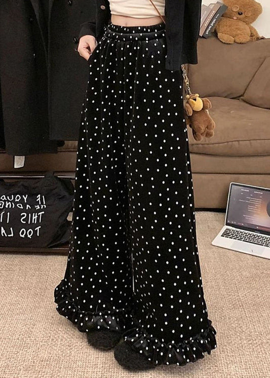 French Black Ruffled Dots Silk Velour Wide Leg Trousers Winter