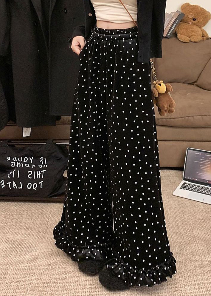 Französische schwarze Seidenvelourshose mit Rüschen und Punkten, weites Bein, Winter