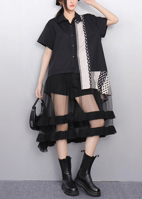 French Black Ruffled Tulle Patchwork Shirt Dress Summer