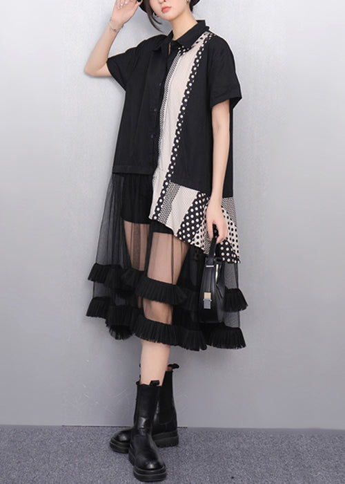French Black Ruffled Tulle Patchwork Shirt Dress Summer