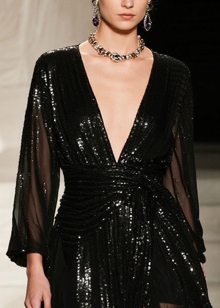 French Black Sequins Exra Large Hem Side Open Tulle Party Dresses Summer