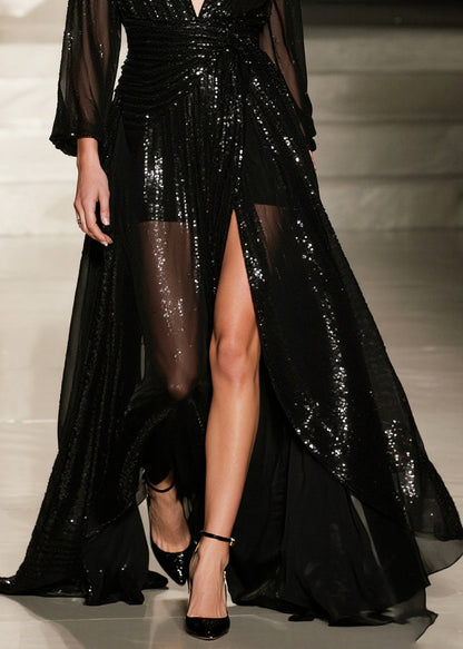 French Black Sequins Exra Large Hem Side Open Tulle Party Dresses Summer