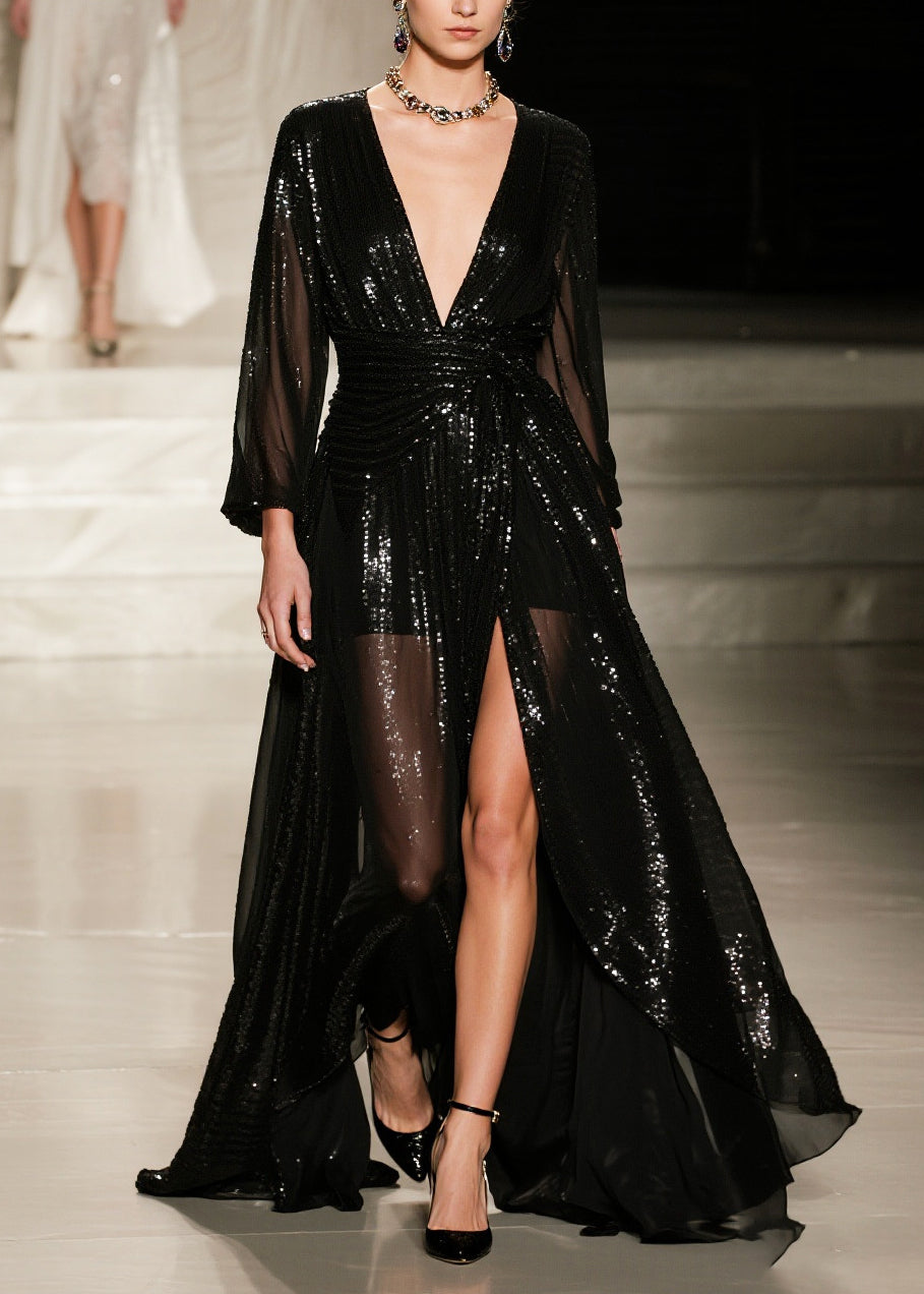 French Black Sequins Exra Large Hem Side Open Tulle Party Dresses Summer