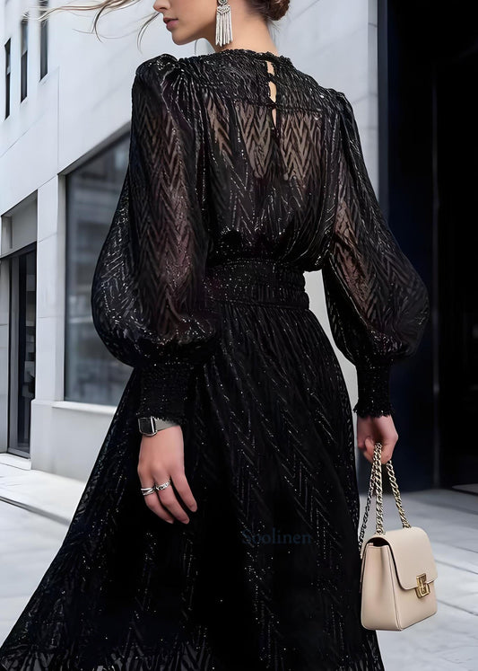 French Black Shiny Thread Lace Patchwork Chiffon Two Pieces Set Fall