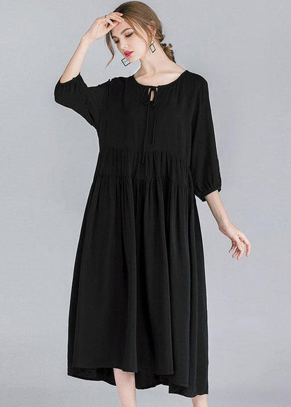French Black Solid Patchwork Spring Three Quarter Sleeve Long Dresses - SooLinen