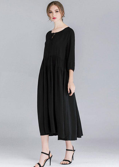 French Black Solid Patchwork Spring Three Quarter Sleeve Long Dresses - SooLinen