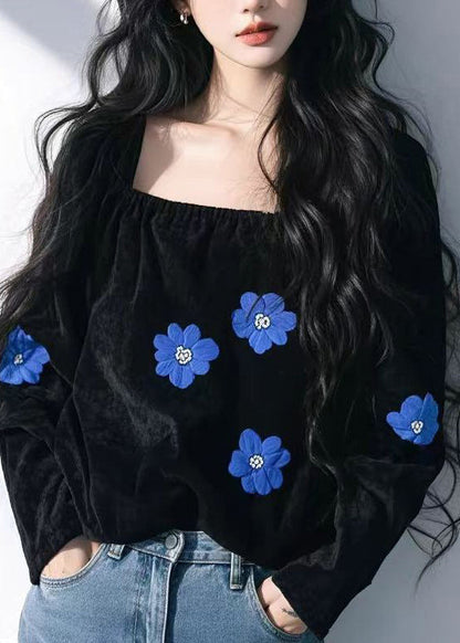 French Black Square Collar Floral Velour Shirt Top Fall