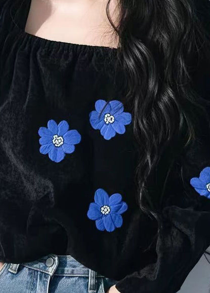 French Black Square Collar Floral Velour Shirt Top Fall