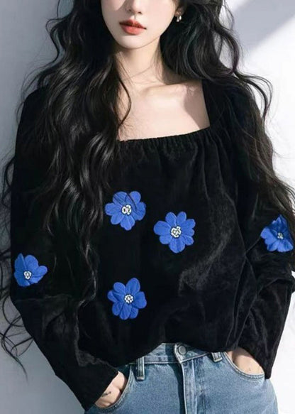 French Black Square Collar Floral Velour Shirt Top Fall