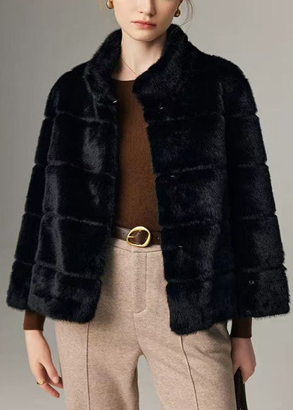 Französische schwarze Stehkragen-Nerzsamtjacke Winter