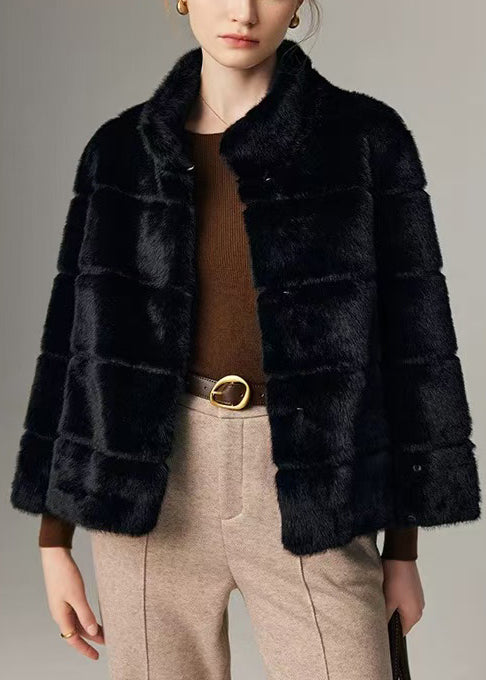 Französische schwarze Stehkragen-Nerzsamtjacke Winter