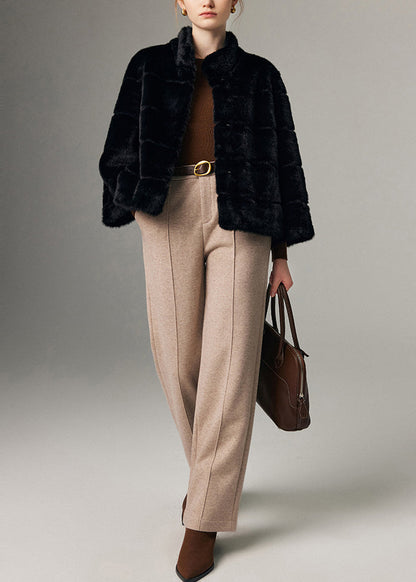 Französische schwarze Stehkragen-Nerzsamtjacke Winter