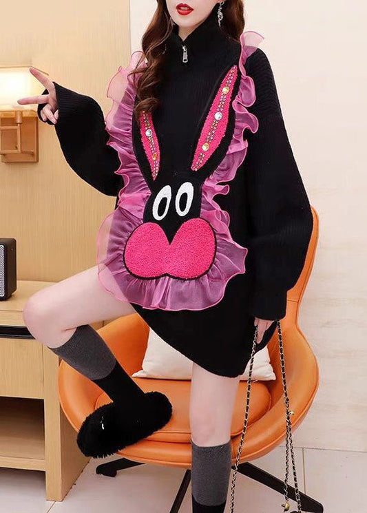 Französisch Schwarz Stehkragen Rüschen Patchwork Jacquard Strick Kleid Winter