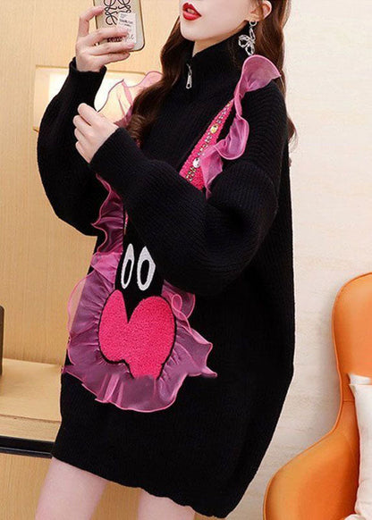 Französisch Schwarz Stehkragen Rüschen Patchwork Jacquard Strick Kleid Winter