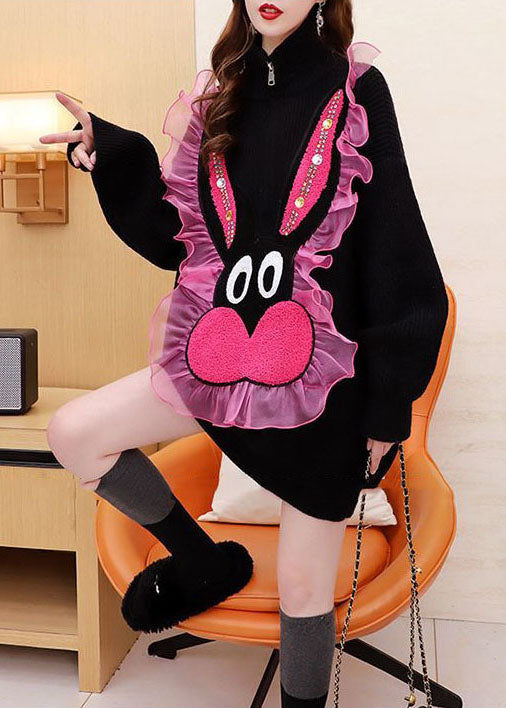 Französisch Schwarz Stehkragen Rüschen Patchwork Jacquard Strick Kleid Winter