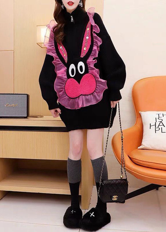 Französisch Schwarz Stehkragen Rüschen Patchwork Jacquard Strick Kleid Winter