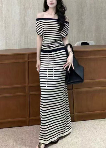 French Black Striped Elastic Waist Knitting Cotton Two Piece Set Summer