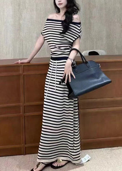 French Black Striped Elastic Waist Knitting Cotton Two Piece Set Summer