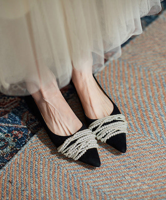 French Black Suede Flat Shoes Pointed Toe Splicing Nail Bead