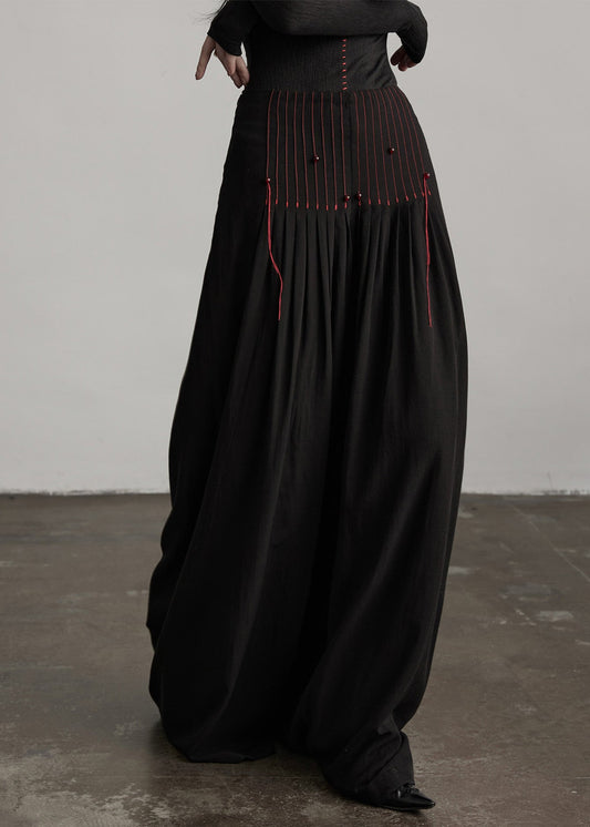 Französische schwarze Baumwollhose mit Quasten und weitem Bein, Frühling